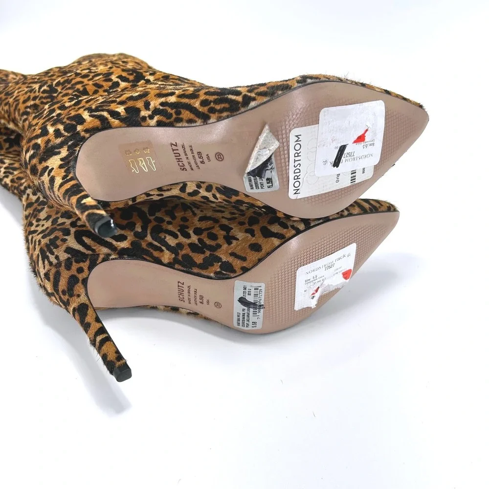 Schutz Size 5.5 Leopard Print Knee High Boots Calf Hair Stiletto Heels NEW  $338